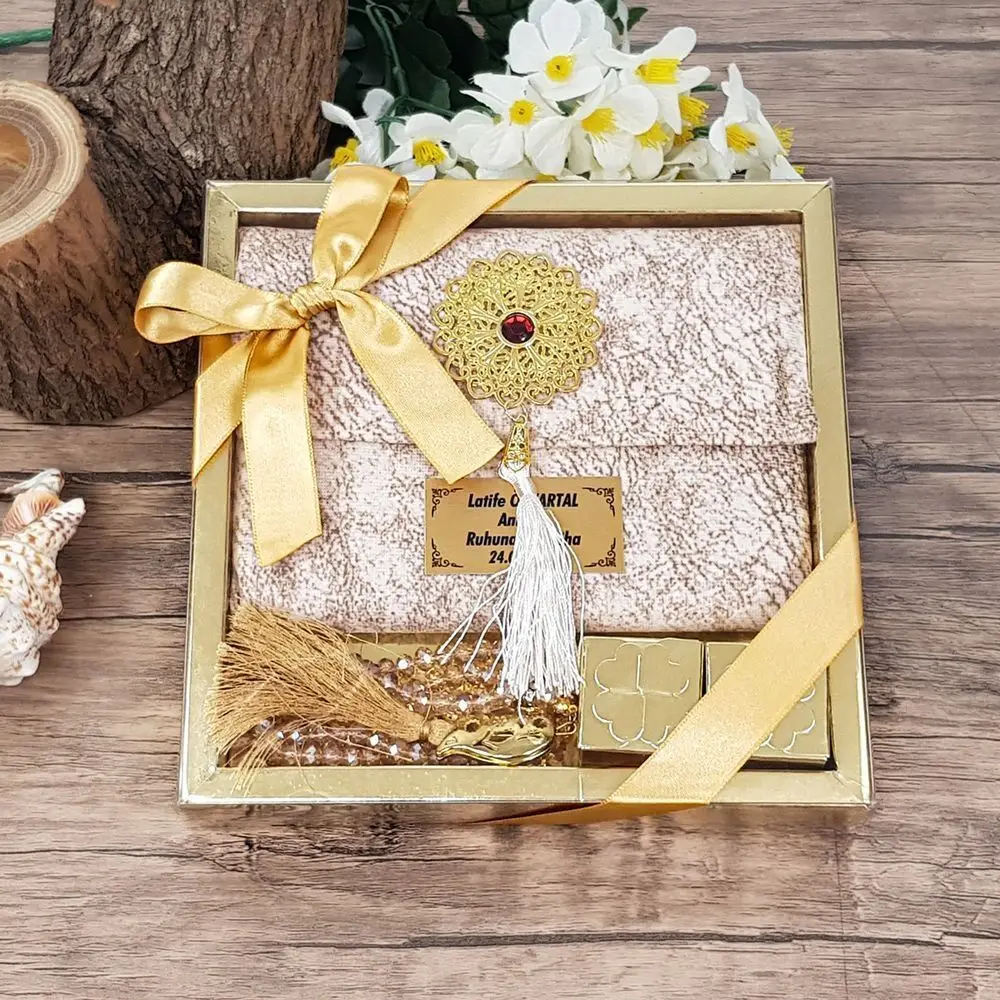 Luxury Muslim Gift Set Name Printed Velvet Bag Yasin Al Sharif Book Rosary Wholesale Mevlut Religious Islamic Items Ramadan 2023
