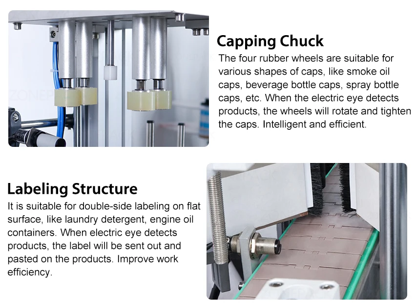 ZONEPACK Small Automatic Production Line Pneumatic Juice Gel Bottle Filling Capping And Flat Labeling Machine for Cosmetic