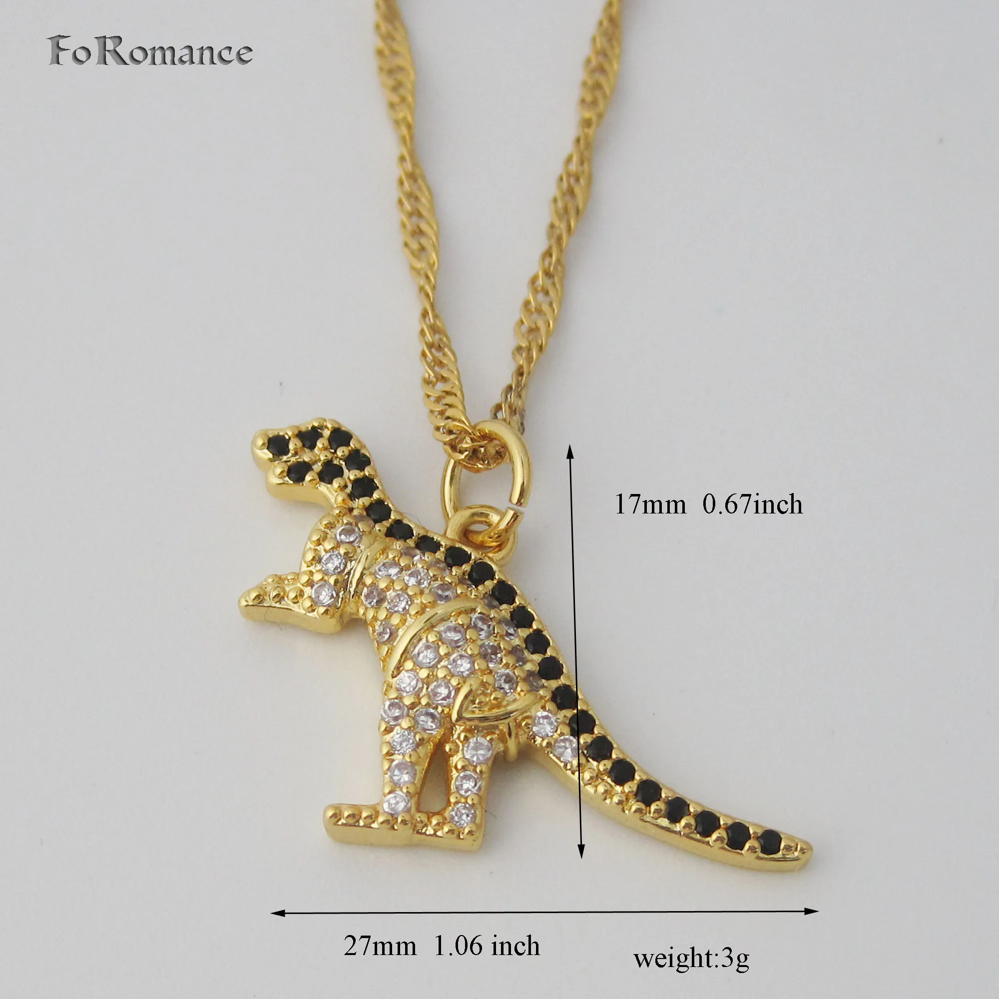 Collana Con Onda D'Acqua Color Oro 45Cm Clear Black Stones Dinosaur Tyrannosaurus Rex Pendant Tall 17Mm 0.67 Pollici
