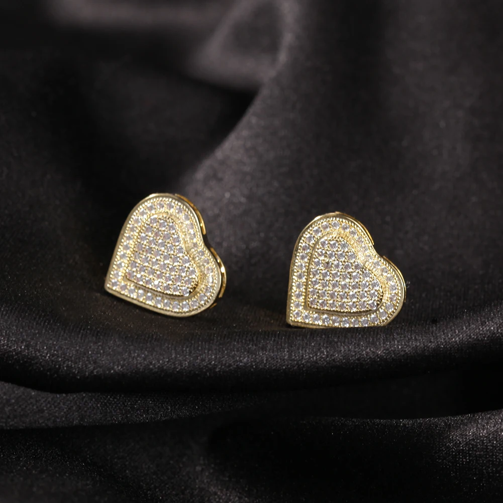 The Bling King Double Layer Heart Shape Stud Earring Paved Cubic Zirconia 925 Sterling Silver Earring Fashion Hiphop Jewelry
