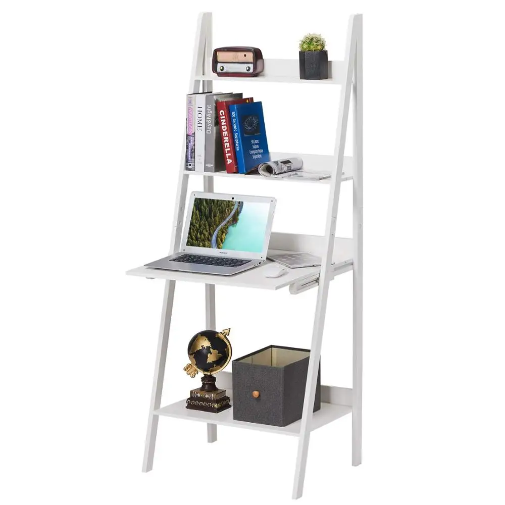 

4-Tier Ladder Shelf Bookcase with Drop-Down Desk, Modern Bookshelf, Leaning Bookshelf, Wooden Frame Decor Bookshelf Storage