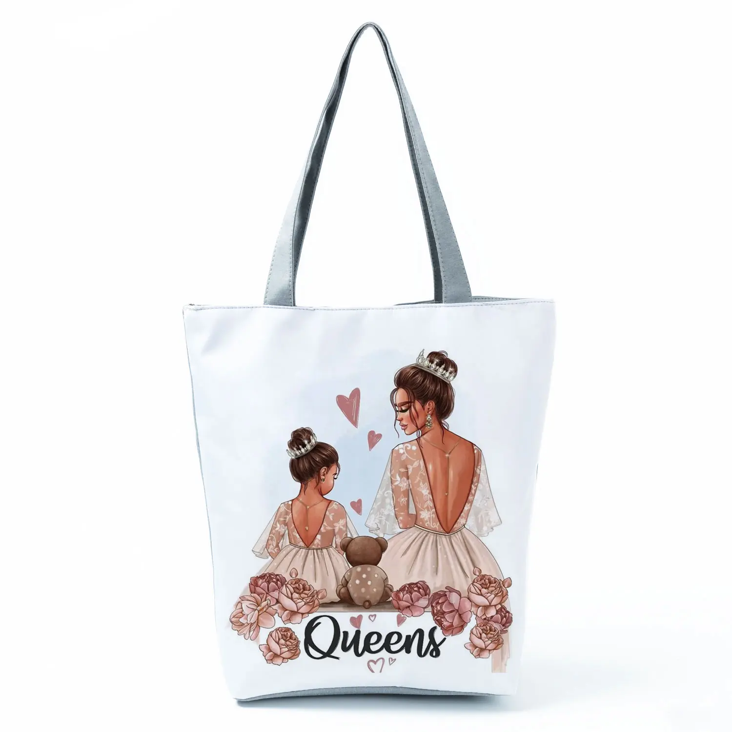 Cute Cartoon Super Mama Print Linen Tote Bag Reusable Shoulder Bags Mom And Baby Fold Women Casual Handbags Lady Fabric Totes