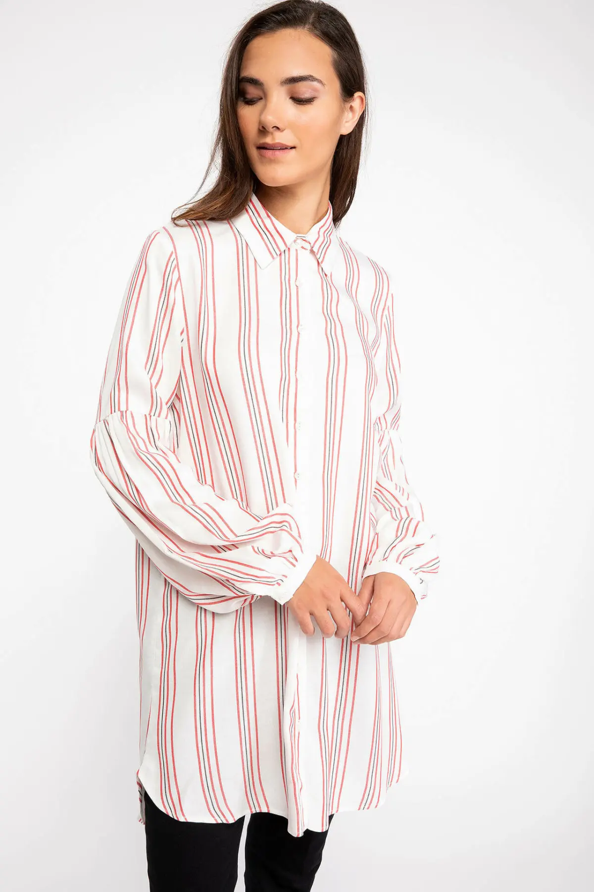 DeFacto Woman Red Striped Shirts Autumn Casual Lady Woven Top Shirts Women White Long Shirts Tunic-J2635AZ18AU