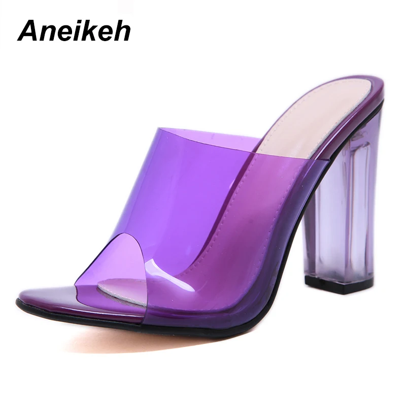 Aneikeh/ г. Летние модные босоножки из ПВХ женская обувь прозрачные вечерние туфли-лодочки без застежки на квадратном каблуке с открытым носком Размеры 35-42 - Цвет: purple