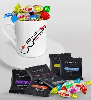 

Personalized Bass Guitarist Turkish coffee Cup Selamlique Mixed Turkish Coffee House and Haribo Candy Gift Seti-2