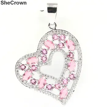 

39x28mm SheCrown Created Pink Tourmaline White CZ Woman's Present Silver Pendant