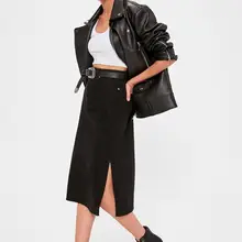 Trendyol черная джинсовая миди юбка с разрезом TWOAW20ET0293