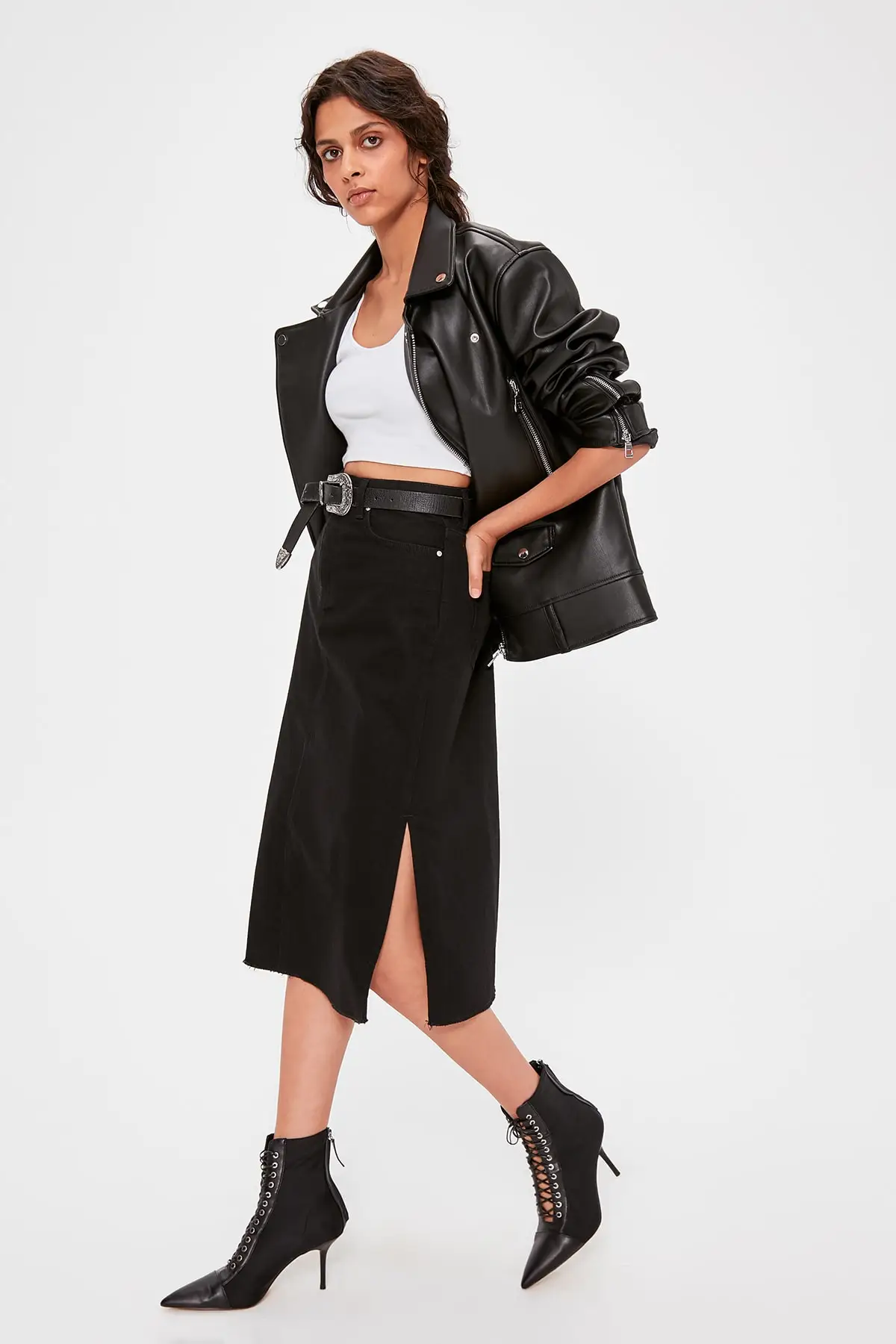 

Trendyol Black With A Slit Midi Denim Skirt TWOAW20ET0293