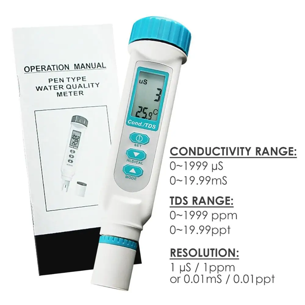 Проводимость TDS 0~ 1999 uS/0~ 19,99 mS метр качество воды w/ATC ppm ppt uS mS C/F цифровой ЖК-дисплей