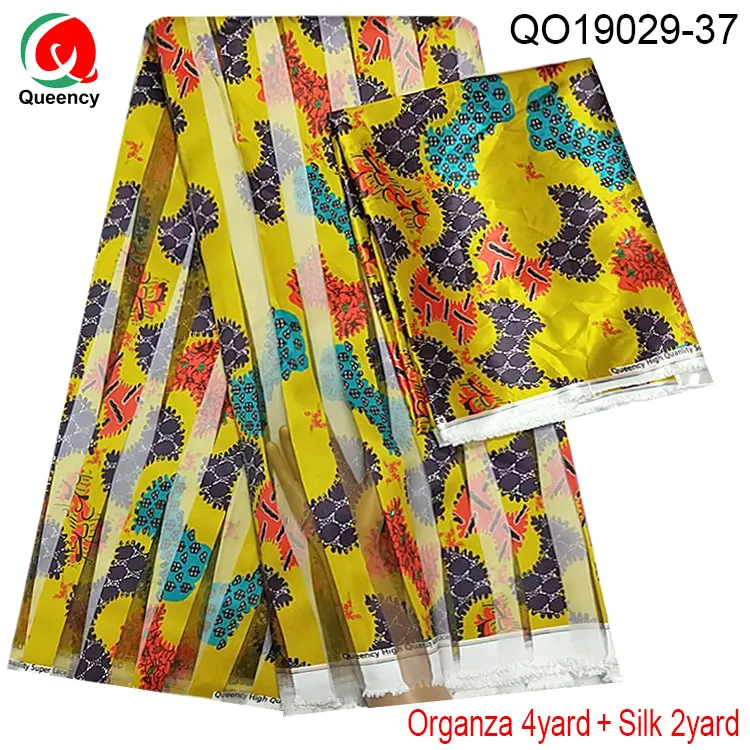QO19029 DHL-чистый шелк с органзой ткань Африканская абкара африканская вощеная ткань принтом 4+ 2 ярдов органза лента шелк для платья - Цвет: QO19029-37