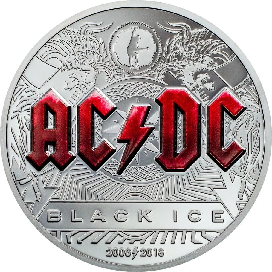 Черный лед 10-летие ACDC 2 унции Серебряная монета 10$ Острова Кука