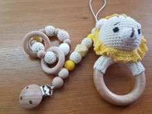 Sonajero de ganchillo para bebé, alce, zorro, oso, sonajero mordedor con campanas, anillos de madera para juguete educativo Montessori recién nacidos, juguetes para bebés