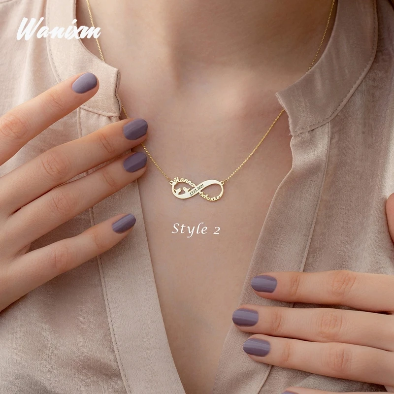Wanixm Custom Infinity Name Necklaces for Women Personalized Stainless Steel Engraved Date Heart Pendant Necklace Couple Jewelry