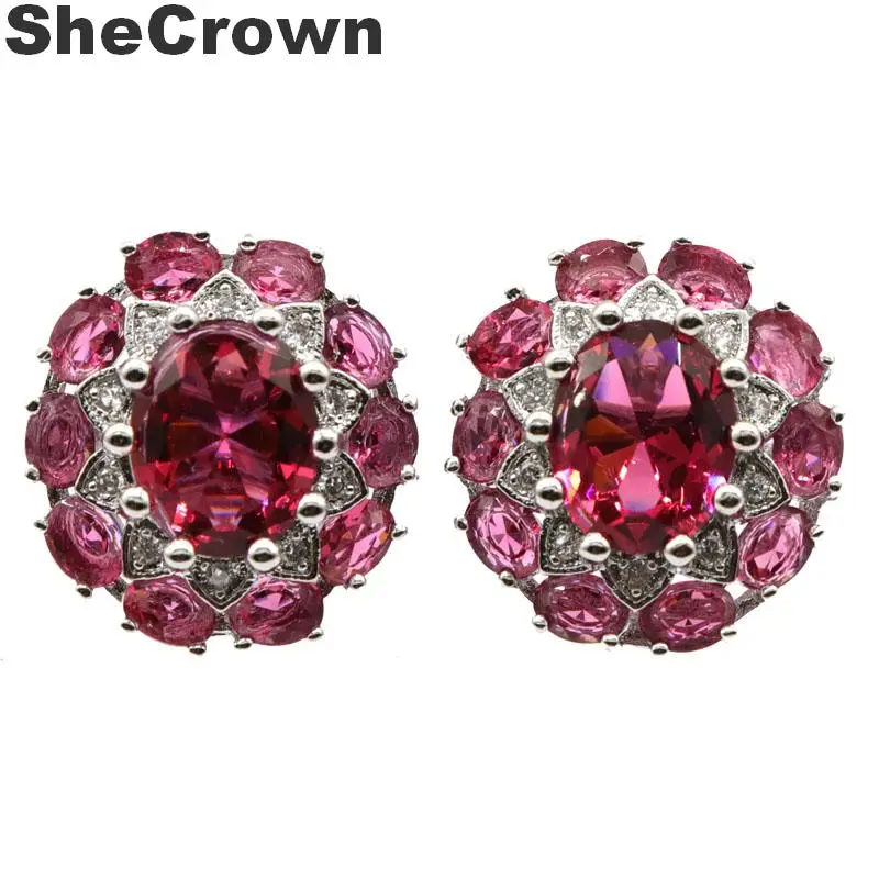 

18x17mm Gorgeous Created Pink Raspberry Rhodolite Garnet White CZ Silver Earrings
