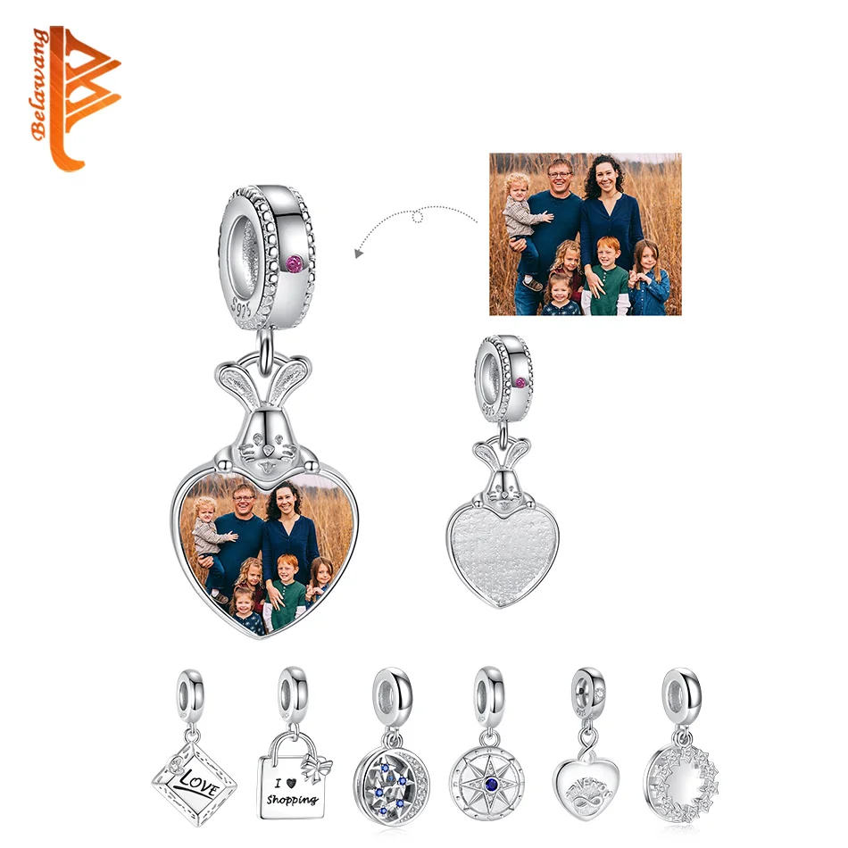 

Custom Photo Beads 925 Sterling Silver Cute Pet Rabbit Pendant Heart Charms Fit Original Bracelet Women DIY Jewelry Making