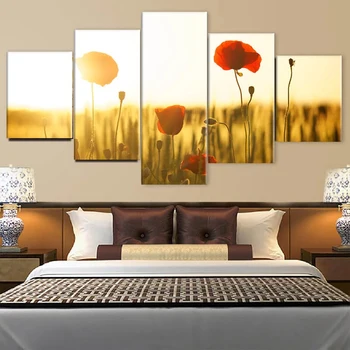 

Canvas Painting HD 5 Panel Poppy Flower Under Sunset Canvas Wall Art