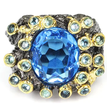 

25x20mm Sublime Antique Vintage Style 16g Created Paris Blue Topaz Woman's Black Gold Silver Rings