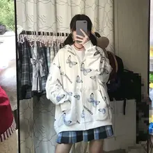 Chaqueta con capucha de mariposa Harajuku para mujer, sudadera con cremallera, sudaderas de gran tamaño, prendas de vestir exteriores de talla grande, primavera 2021