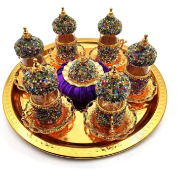 

Handmade authentic Design Turkish Greek Arabic Coffee Espresso Set for 6 Service, Cups Saucers Lids Tray Delight Candy Dish GIFT