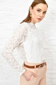 

Trend Alacati Style Women Back Zipper Bike Collar Embroideried Blouse ALC-X3550