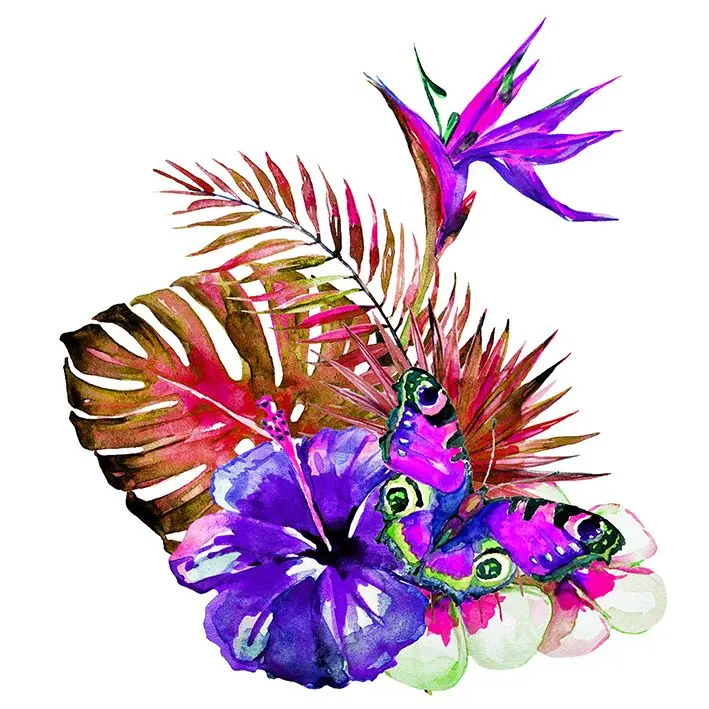 Tropical Palm Leaves and Flowers Classic Watercolor Style Nature Artwork Purple Shower Curtain