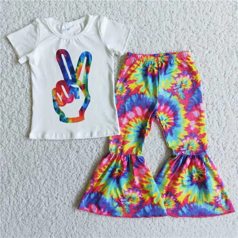 

Wholesale New Baby Girls Clothes Short Sleeve Gesture Top With Tie Dye Long Bell-Bottomed Pants Baby Girl Fashion Outfit