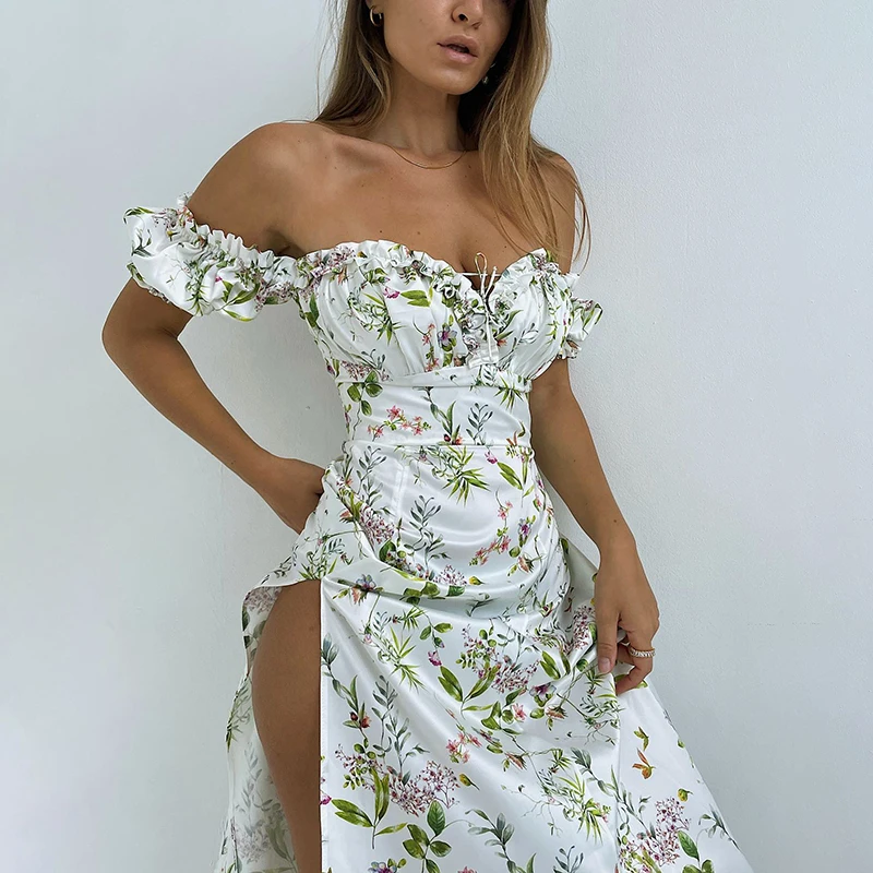 cocktail dresses WannaThis Summer Floral Off Shoulder Puff Sleeve Maxi Dress For Woman Robe Sexy Lace Up Side Split Chic Mid-Calf Aesthetic Dress birthday dress