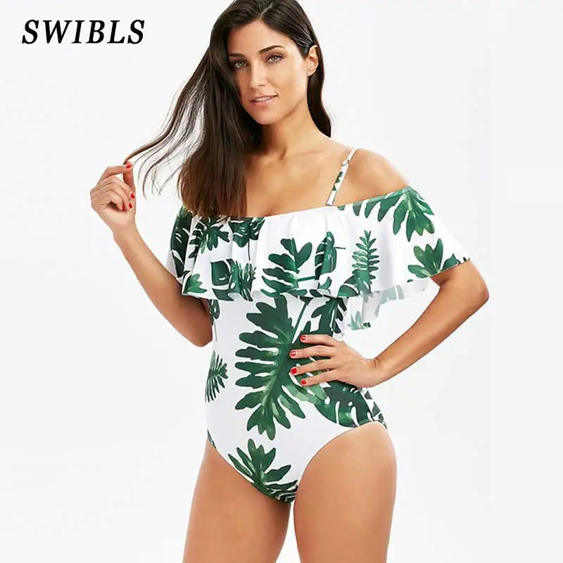 2020 Woman Plus size Swimsuit One Piece Green Floral Bathing Suit for Women Big Leaf Swimming Vintage Bather Female Swimwear|Комбинезоны|