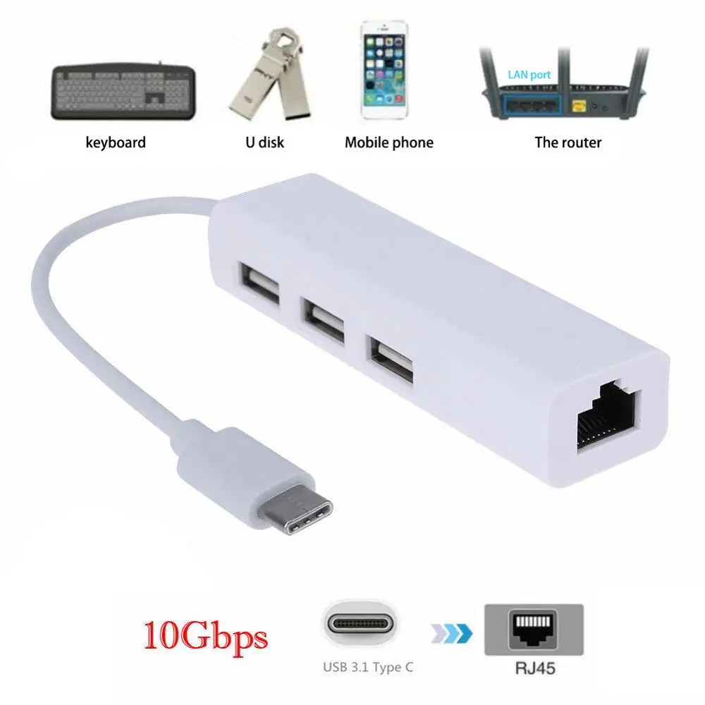 

USB-C USB 3.1 Type C To USB RJ45 Ethernet Lan Adapter Hub Cable For Macbook PC Bidirectional 20Gbps High-Speed Data Transmission