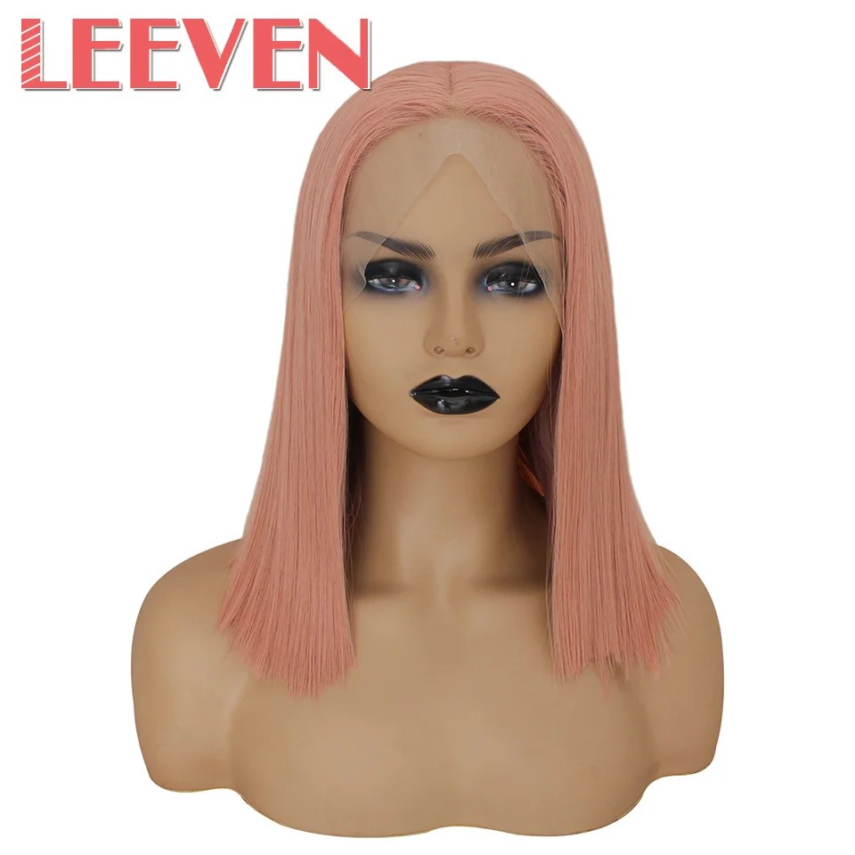 

Leeven 14inch Short Bob Lace Front Wigs Pink 613 Blonde Black Wigs Synthetic Silky Straight Lace Front Wig Hair For Woman