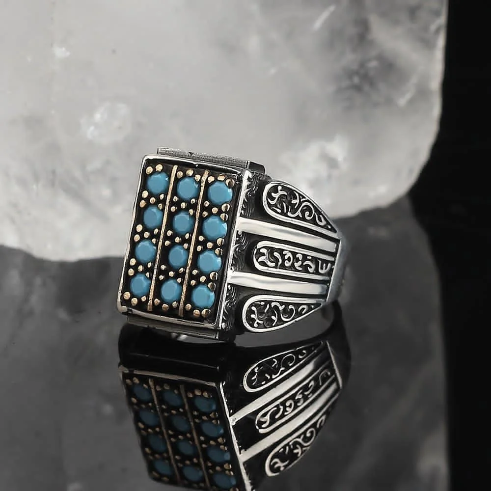 

925 Sterling Silver Ring for Men Blue Natural Turquoise Stone, Jewelry Fashion Vintage Gift Onyx Aqeq Mens Rings All Size