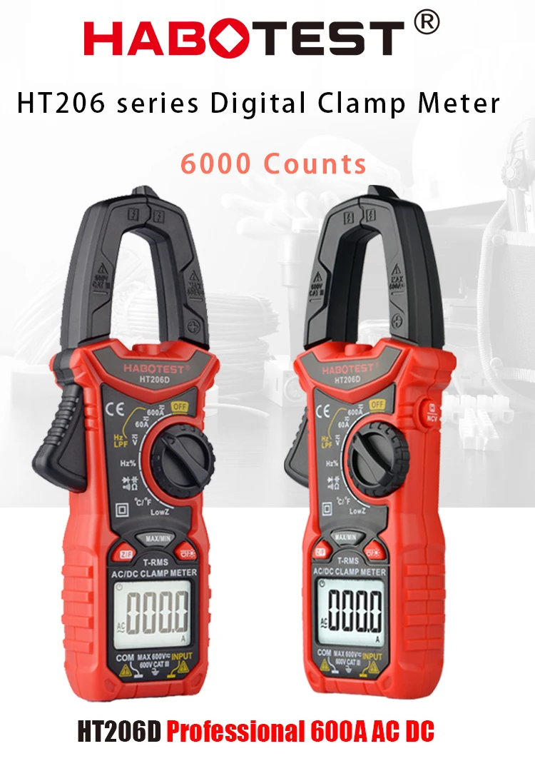 HT206D Amperometric Clamp Meter Pliers Ammeter Professional Digital Automotive Multimeter HABOTEST 600A AC DC Current Tester audio meter