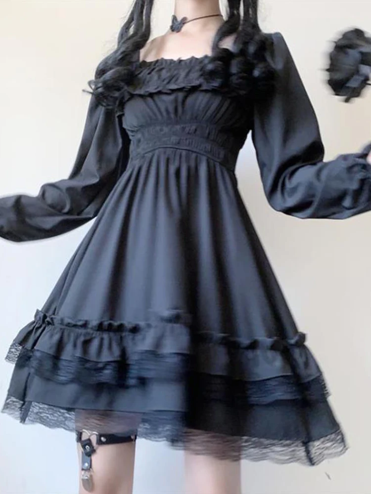 InsDoit Lolita Gothic Black Corset Dress Women Vintage Lace Patchwork Ruched Aesthetic High Waist Dress Punk Party A-LINE Dress