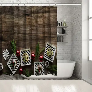 

Sweets Served on Wooden Table with Pine Leaves Ornaments Baubles Christmas Dinner Photo Brown Red White Shower Curtain