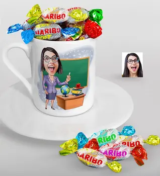 

Personalized Women 'S Teacher Caricature Of Turkish Coffee cup And Haribo Candy Gift Seti-1