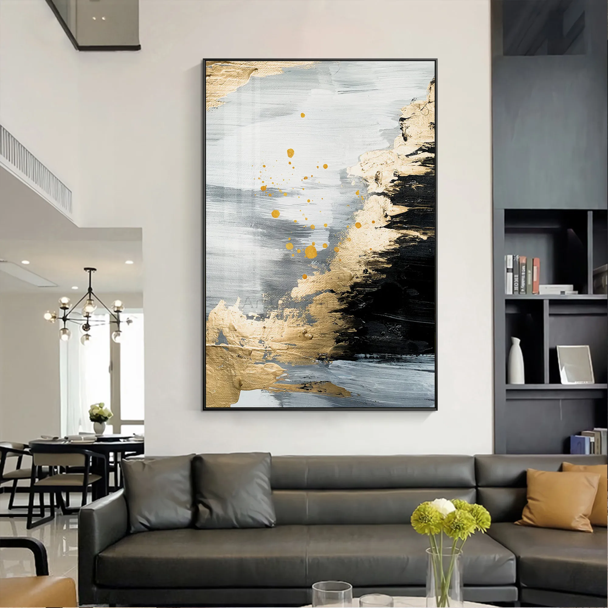 

Modern Abstract Gold Leaf Black Hand Painting Canvas Texture oil painting acrylic large wall art picture for home decoration
