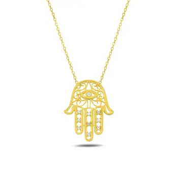 

Angemiel 925 Silver Zircon Stone Fatma Master Hand Necklace-Gold Plated