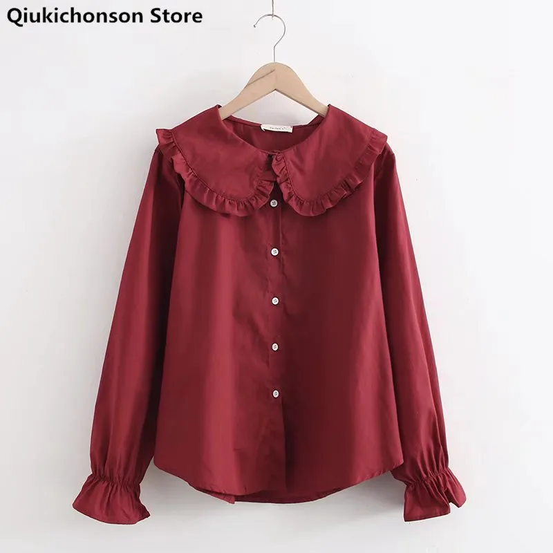

French Chic Spring Lolita Blouse Tops Women 2022 Teen Girls Preppy Style Kawaii Frilly Peter Pan Collar Flare Long Sleeve Shirt