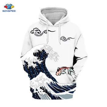 

SONSPEE Japanese Embroidery Funny Sea Wave 3d Print Fleece Hoodies 2019 Winter Japan Style Hip Hop Casual Sweatshirts Streetwear