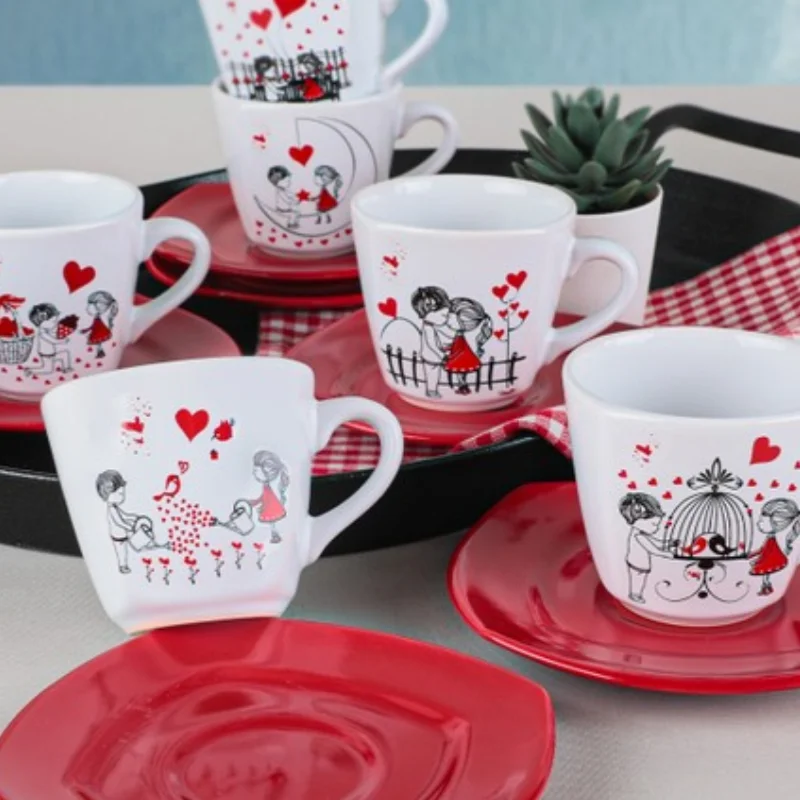 

12 pcs 6 Person Set Ceramic Love Themed Cute Picture Lover Tea Mugs Cup Set-Tea Coffee Mug With Plate-Fast Free Safe Shipment-