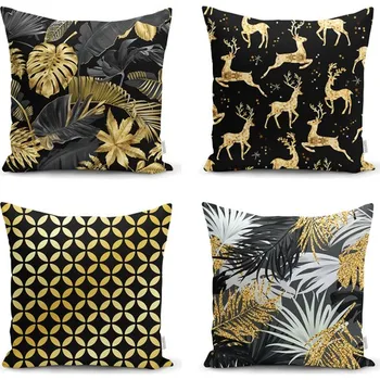

RealHomes Black Floor Gold Leaf Decorative 4'lü Cushion Pillow decorate Case Set