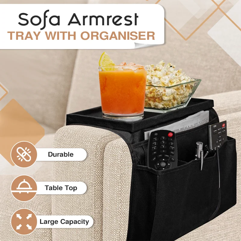 

Sofa Armrest Tray With Storage Pocket Bag Home Sundries Organiser Cup Holder Pouch Desk Chair Hanging TV Remote Storage Tray