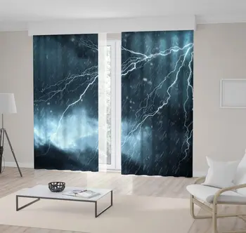 

Curtain Lightning Heavy Rain Dark Clouds Hurricane Stormy Night Weather View Printed Gray Black
