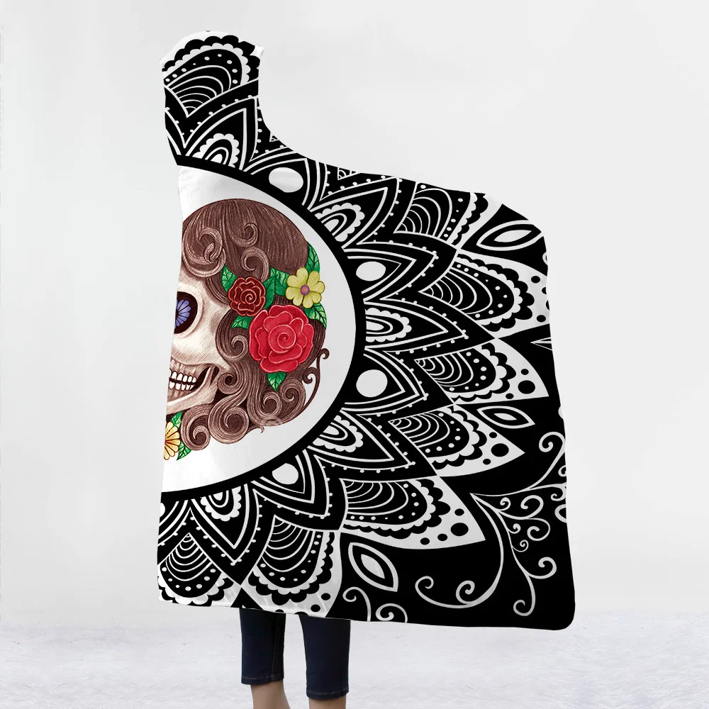 Fashion-Sugar-Skull-Flower-Hooded-Blanket-For-Adults-Floral-Gothic-Sherpa-Fleece-Wearable-Throw-Dream-Catcher (3)