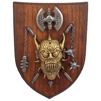 

DENIX replica Coat of arms, Panoply with demon, axe and 2 gauge, 27cm, made of wood and metal, not sharp, for decoration