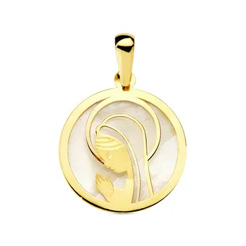 

Medal 9k gold Virgin Girl 17mm. Round background nacre smooth edge