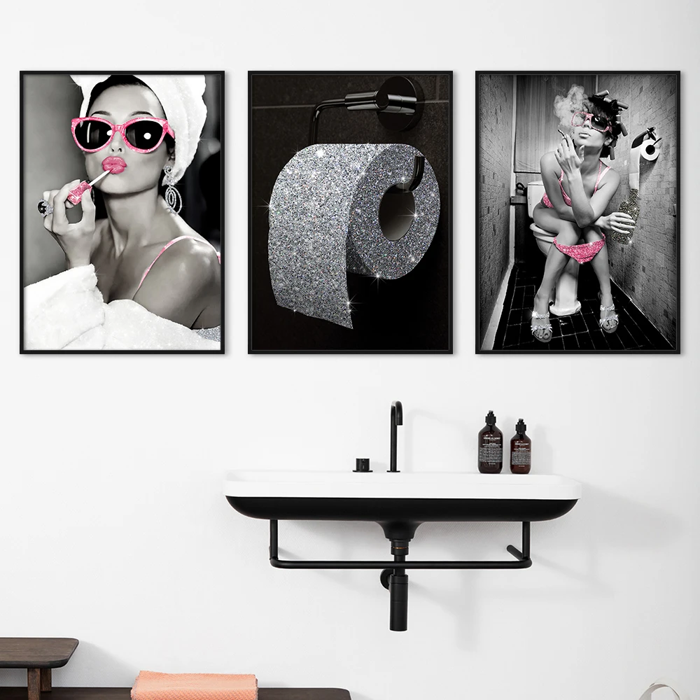 Fashion Sexy Woman Poster Print Girl Drinking Bar Canvas Painting Bling Toilet Roll Paper Picture Modern Wall Art Bathroom Decor |