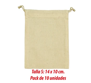 

Cotton bag with drawstring closure x 10 units. 100% cotton 140 gr. JASSZ. Size S:10x14 cm. 24-48h shipping.