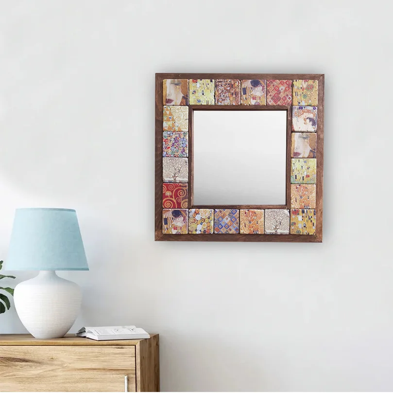 

Handmade Wall Mirror Decorative Natural Stone Wooden Framed Art Decor Vintage Mosaic Printed Tile Square Gift Hang 33cmx33cm