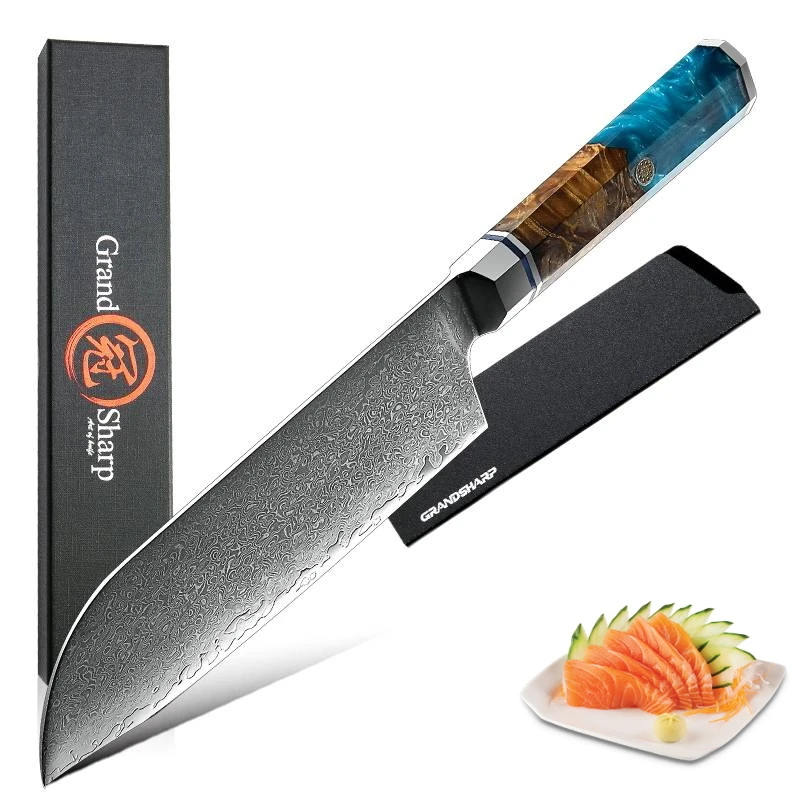 

Japanese Santoku Knife Chef Knife VG10 Damascus Steel Blue Wooden Handle Kitchen Cooking Tools Cutlery Cookware Salmon Sashimi